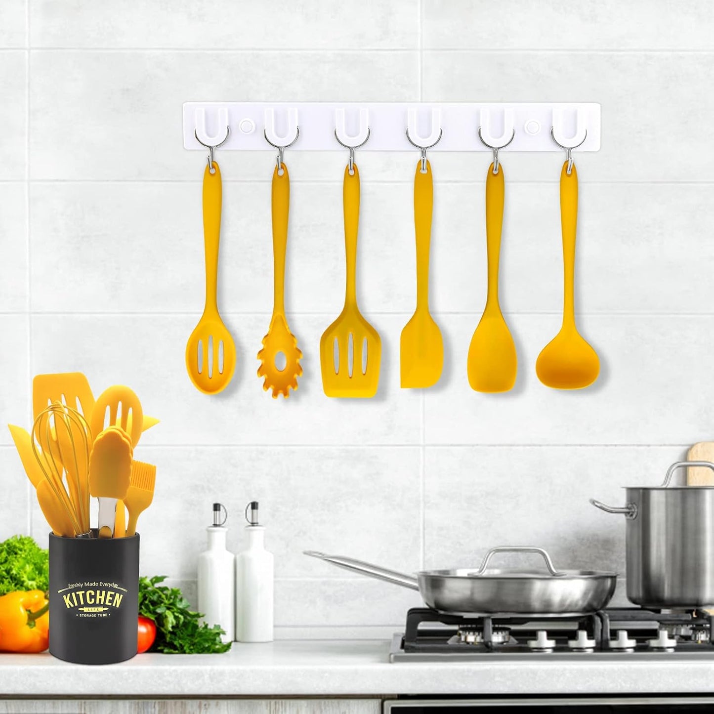 11 Piece Cooking Kitchen Utensils Set, Yellow Cooking Utensils Set, Non-Stick Silicone Spatula Set with Iron Utensils Holder, Silicone Kitchen Gadgets Utensil Set (Yellow)