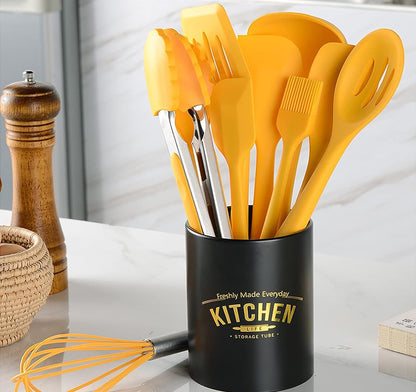 11 Piece Cooking Kitchen Utensils Set, Yellow Cooking Utensils Set, Non-Stick Silicone Spatula Set with Iron Utensils Holder, Silicone Kitchen Gadgets Utensil Set (Yellow)