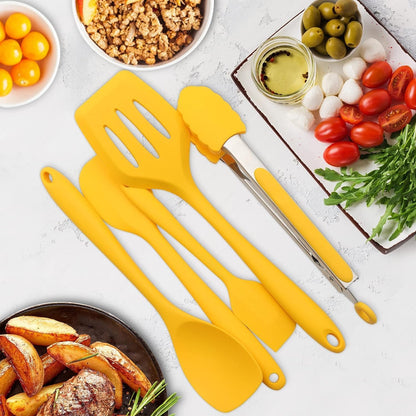 11 Piece Cooking Kitchen Utensils Set, Yellow Cooking Utensils Set, Non-Stick Silicone Spatula Set with Iron Utensils Holder, Silicone Kitchen Gadgets Utensil Set (Yellow)