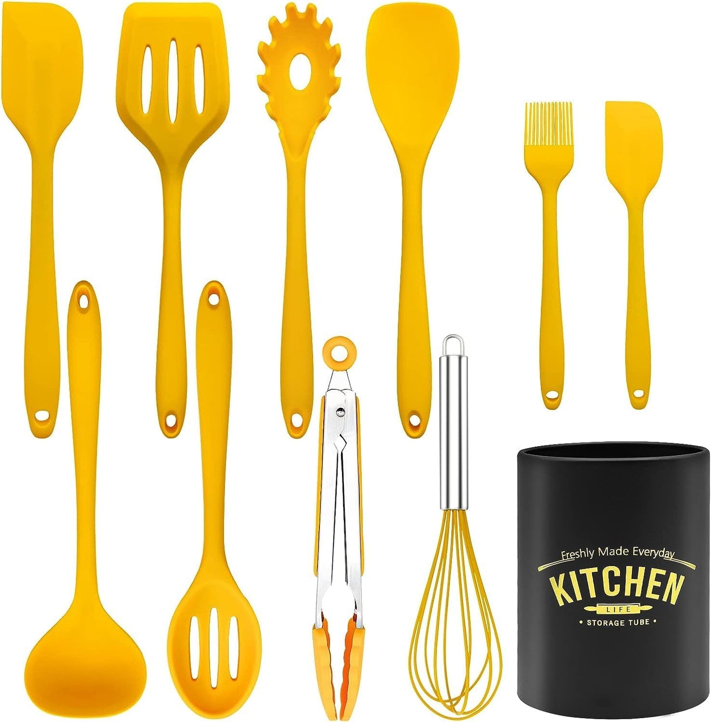 11 Piece Cooking Kitchen Utensils Set, Yellow Cooking Utensils Set, Non-Stick Silicone Spatula Set with Iron Utensils Holder, Silicone Kitchen Gadgets Utensil Set (Yellow)