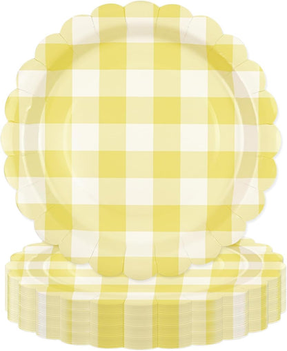 50PCS Light Yellow Scalloped Paper Plates, 7Inch Striped | Dessert Plates, For Cake Salad Fruit, Disposable Decorative, For Birthday Baby Shower Wedding Party