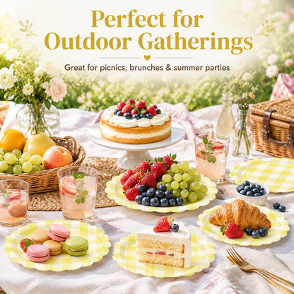 50PCS Light Yellow Scalloped Paper Plates, 7Inch Striped | Dessert Plates, For Cake Salad Fruit, Disposable Decorative, For Birthday Baby Shower Wedding Party
