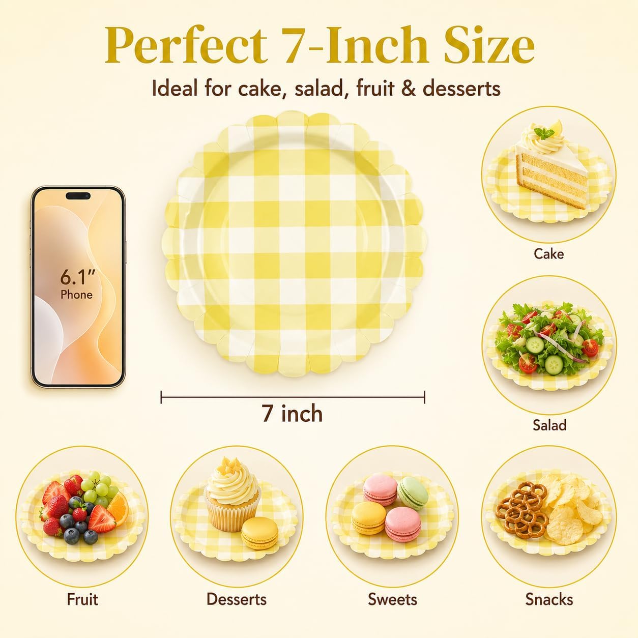 50PCS Light Yellow Scalloped Paper Plates, 7Inch Striped | Dessert Plates, For Cake Salad Fruit, Disposable Decorative, For Birthday Baby Shower Wedding Party