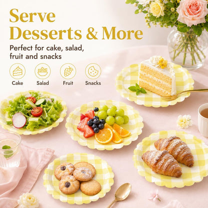 50PCS Light Yellow Scalloped Paper Plates, 7Inch Striped | Dessert Plates, For Cake Salad Fruit, Disposable Decorative, For Birthday Baby Shower Wedding Party