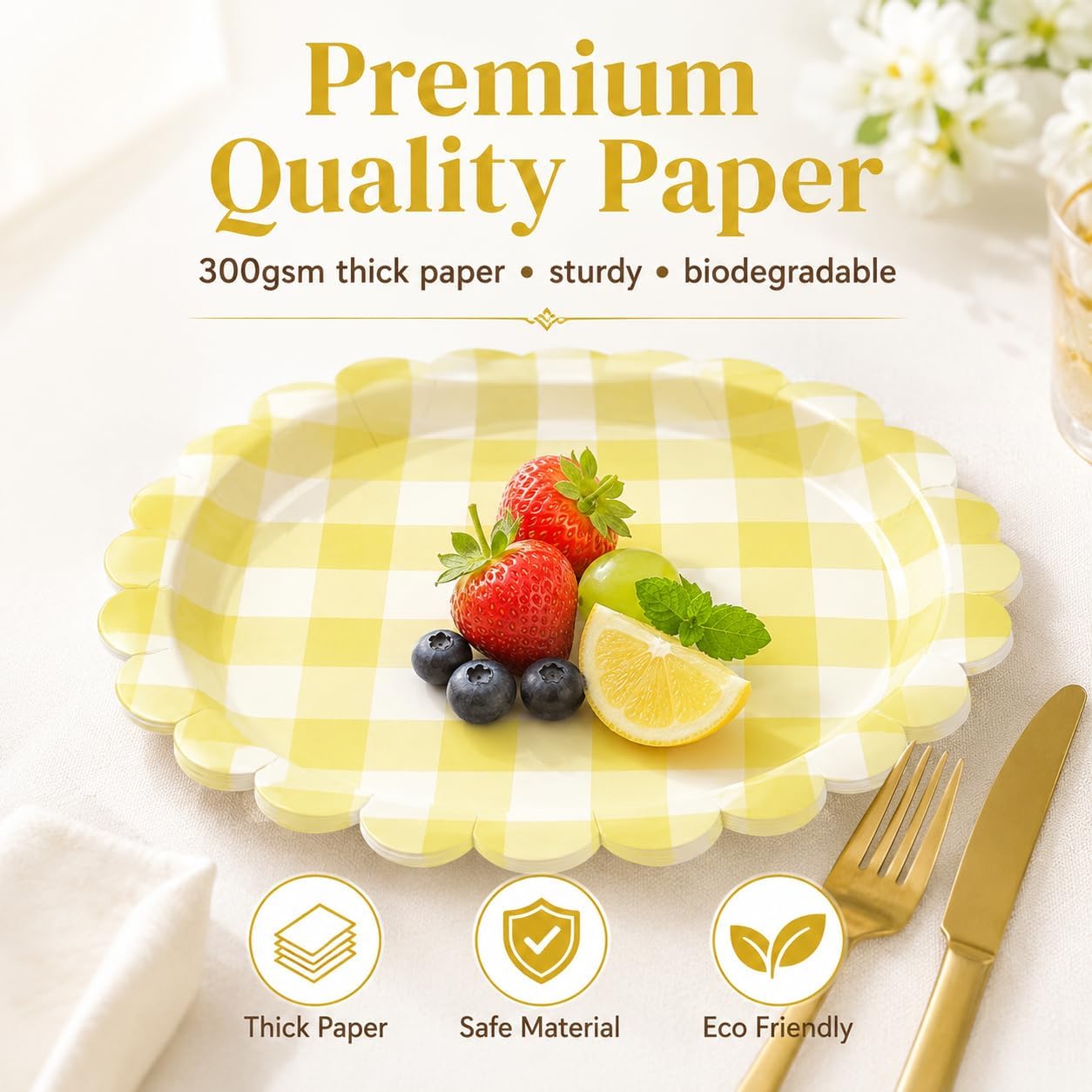50PCS Light Yellow Scalloped Paper Plates, 7Inch Striped | Dessert Plates, For Cake Salad Fruit, Disposable Decorative, For Birthday Baby Shower Wedding Party