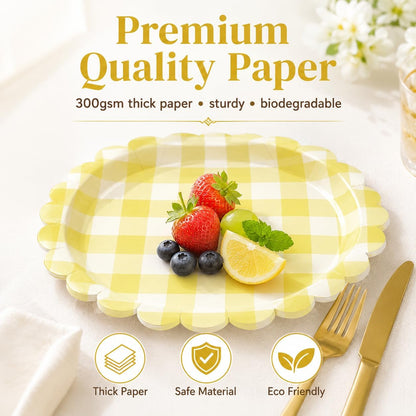 50PCS Light Yellow Scalloped Paper Plates, 7Inch Striped | Dessert Plates, For Cake Salad Fruit, Disposable Decorative, For Birthday Baby Shower Wedding Party