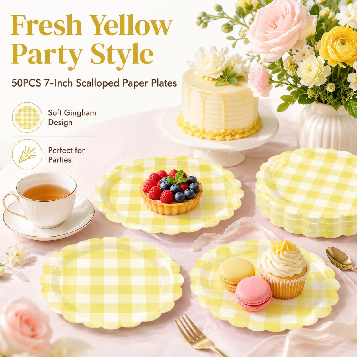 50PCS Light Yellow Scalloped Paper Plates, 7Inch Striped | Dessert Plates, For Cake Salad Fruit, Disposable Decorative, For Birthday Baby Shower Wedding Party