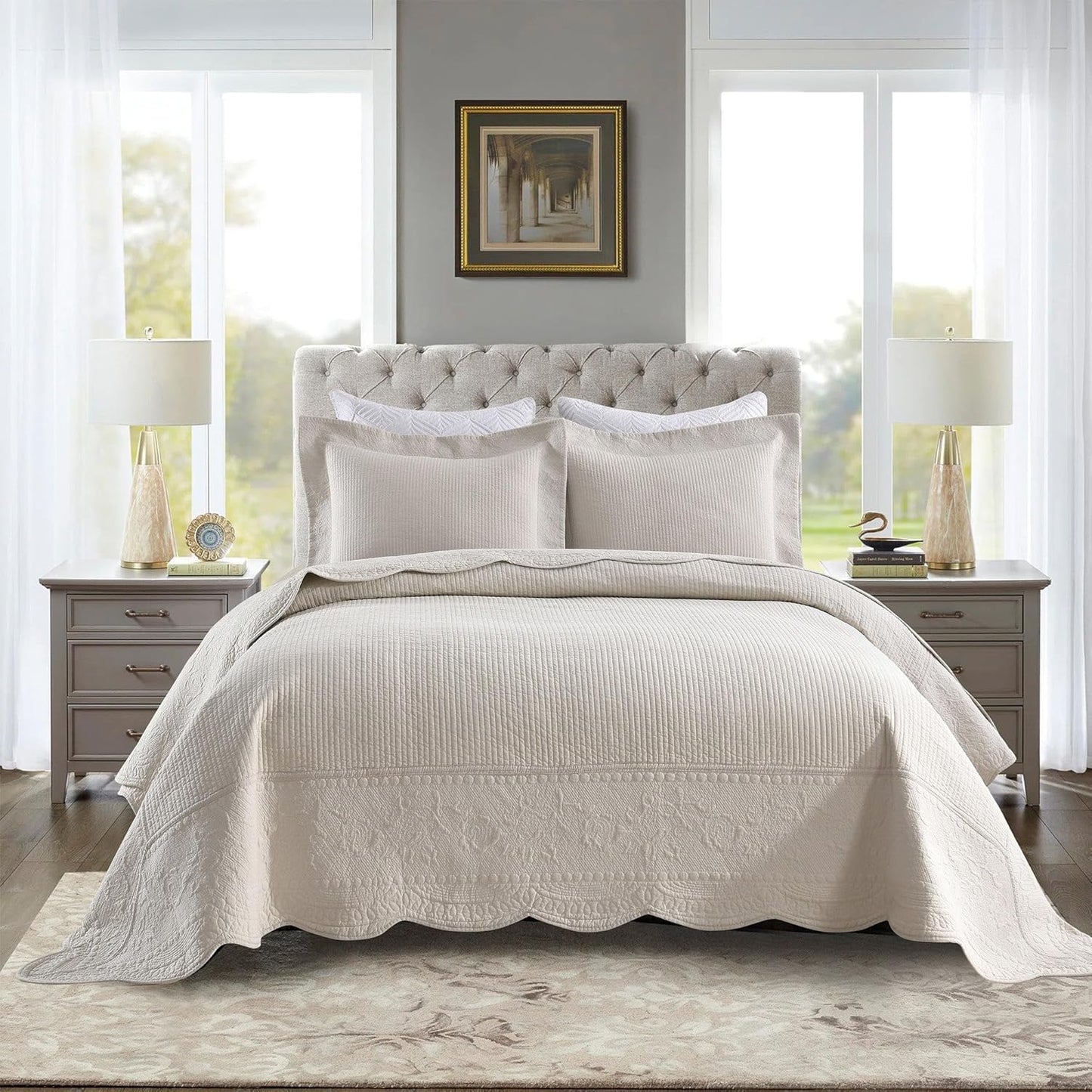 3-Piece 100% Cotton Oversized Bedspread Lightweight Quilt Coverlet Embroidery Farmhouse Bedding Set (TG Light Yellow Beige, Oversized King (118"x106"))