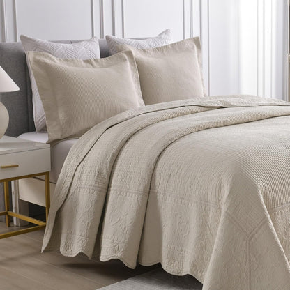3-Piece 100% Cotton Oversized Bedspread Lightweight Quilt Coverlet Embroidery Farmhouse Bedding Set (TG Light Yellow Beige, Oversized King (118"x106"))