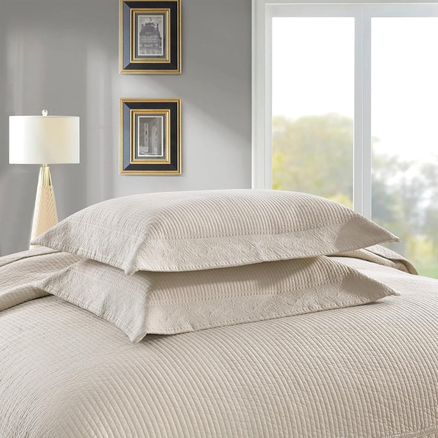 3-Piece 100% Cotton Oversized Bedspread Lightweight Quilt Coverlet Embroidery Farmhouse Bedding Set (TG Light Yellow Beige, Oversized King (118"x106"))