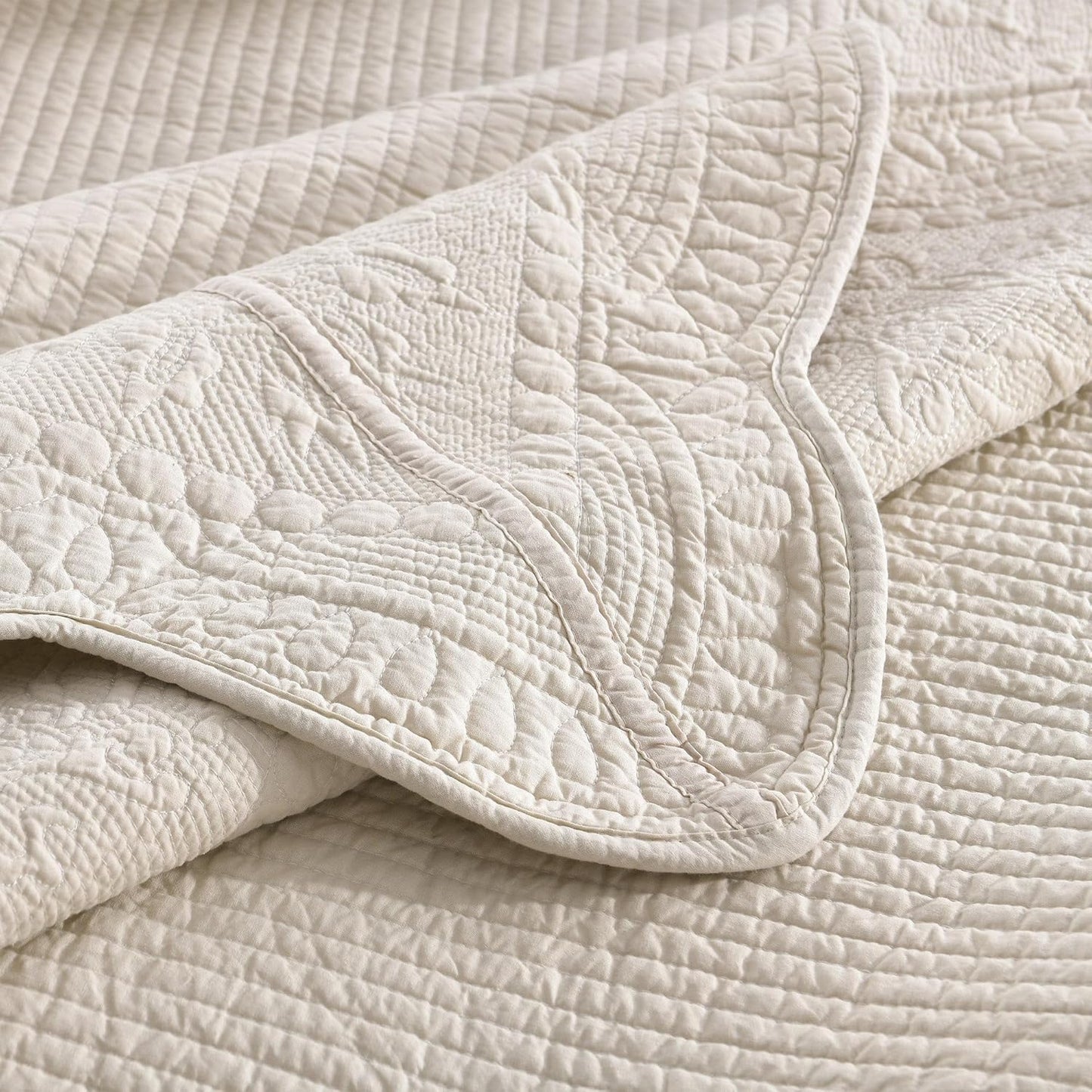 3-Piece 100% Cotton Oversized Bedspread Lightweight Quilt Coverlet Embroidery Farmhouse Bedding Set (TG Light Yellow Beige, Oversized King (118"x106"))