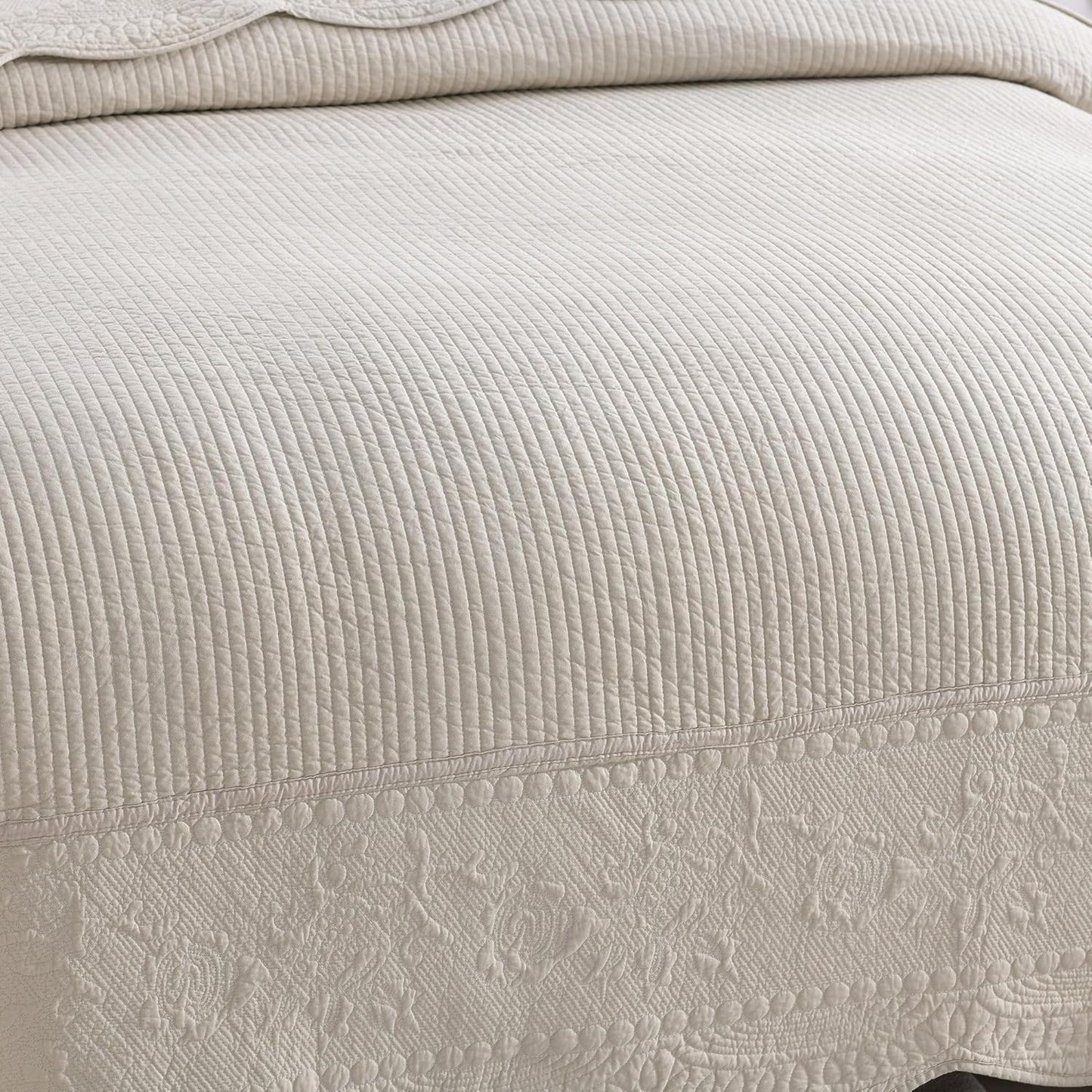 3-Piece 100% Cotton Oversized Bedspread Lightweight Quilt Coverlet Embroidery Farmhouse Bedding Set (TG Light Yellow Beige, Oversized King (118"x106"))