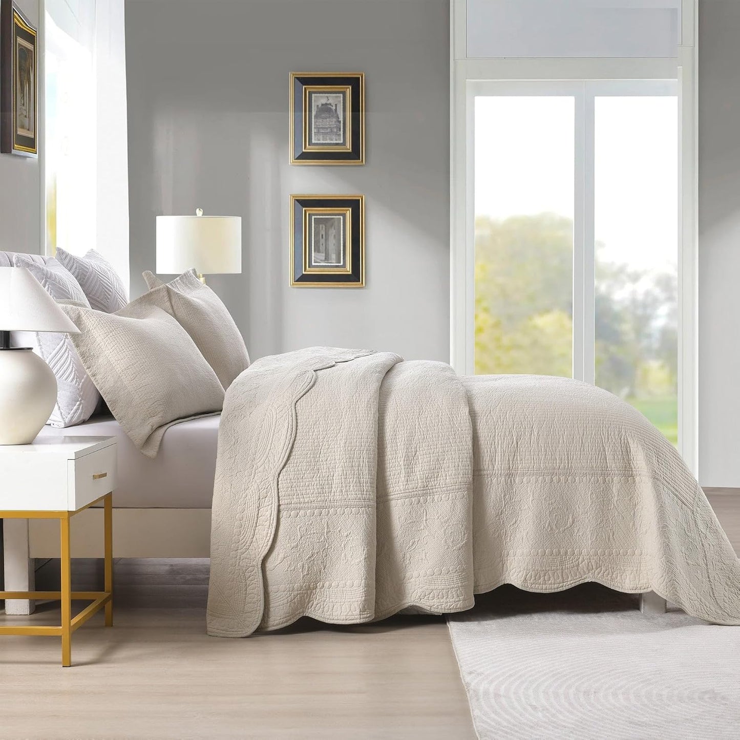 3-Piece 100% Cotton Oversized Bedspread Lightweight Quilt Coverlet Embroidery Farmhouse Bedding Set (TG Light Yellow Beige, Oversized King (118"x106"))