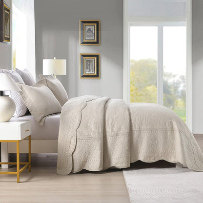 3-Piece 100% Cotton Oversized Bedspread Lightweight Quilt Coverlet Embroidery Farmhouse Bedding Set (TG Light Yellow Beige, Oversized King (118"x106"))