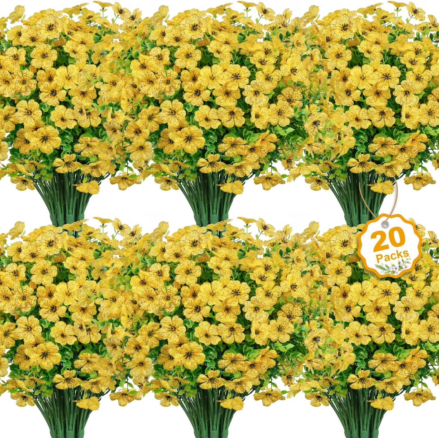 20 Bundles Artificial Flowers for Outdoors Fake Plants, Yellow | Fake silk flowers, UV resistant, realistic faux plants, eucalyptus stems, spring summer garden yard porch window home decor