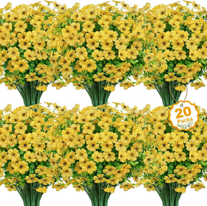 20 Bundles Artificial Flowers for Outdoors Fake Plants, Yellow | Fake silk flowers, UV resistant, realistic faux plants, eucalyptus stems, spring summer garden yard porch window home decor