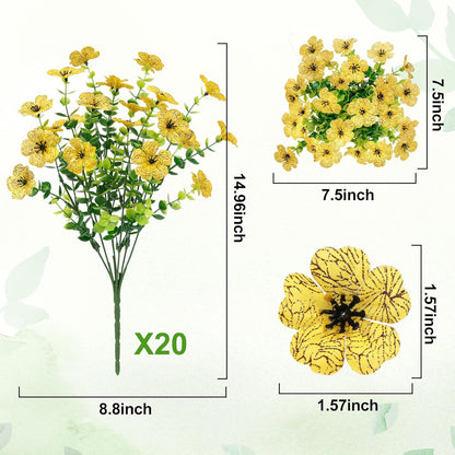 20 Bundles Artificial Flowers for Outdoors Fake Plants, Yellow | Fake silk flowers, UV resistant, realistic faux plants, eucalyptus stems, spring summer garden yard porch window home decor