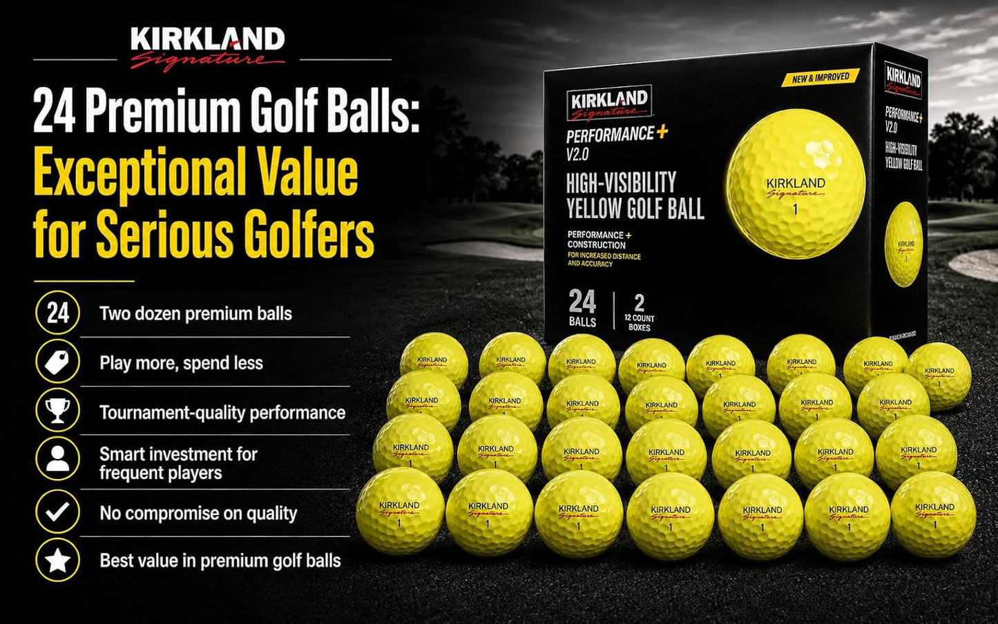 3-Piece Golf Balls, Version 2.0, Yellow, 24-Pack | Urethane cover for tour-level control & soft feel, low compression core for maximum distance, high visibility