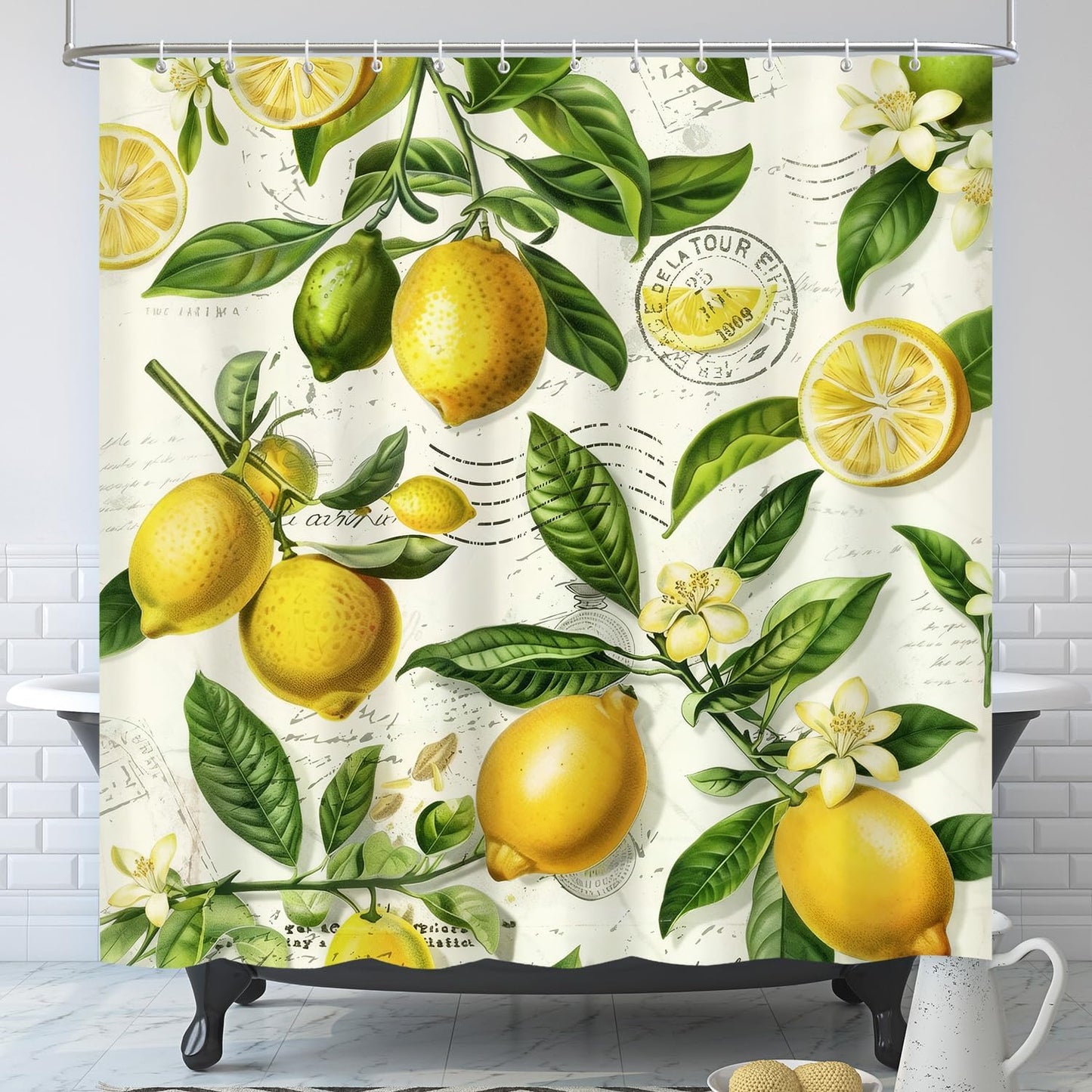 Shower Curtains,Floral Curtain Decorative Set with 12 Hooks,Polyester Fabric Machine Washable Bathroom Accessories,for Bathtubs,Home Decor,Farmhouse,72x72 inch,Lemon Yellow Citrus Fruit