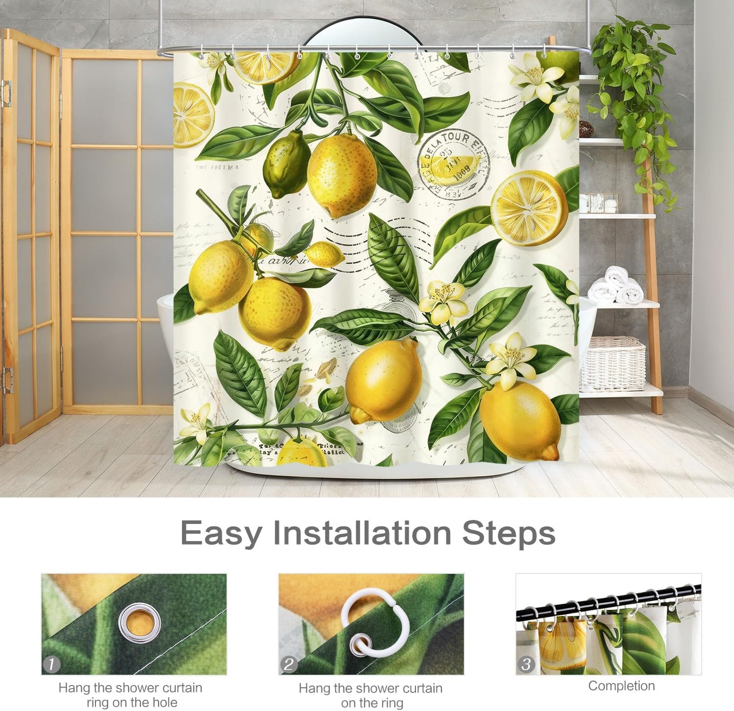 Shower Curtains,Floral Curtain Decorative Set with 12 Hooks,Polyester Fabric Machine Washable Bathroom Accessories,for Bathtubs,Home Decor,Farmhouse,72x72 inch,Lemon Yellow Citrus Fruit