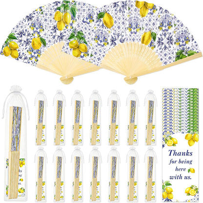 15Pcs Lemon Paper Fans Wedding Favors Set | Folding Handheld Fans with Bags and Cards for Wedding Guest Bridal Shower Mediterranean Amalfi Italian Summer Decor Supplies