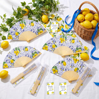 15Pcs Lemon Paper Fans Wedding Favors Set | Folding Handheld Fans with Bags and Cards for Wedding Guest Bridal Shower Mediterranean Amalfi Italian Summer Decor Supplies