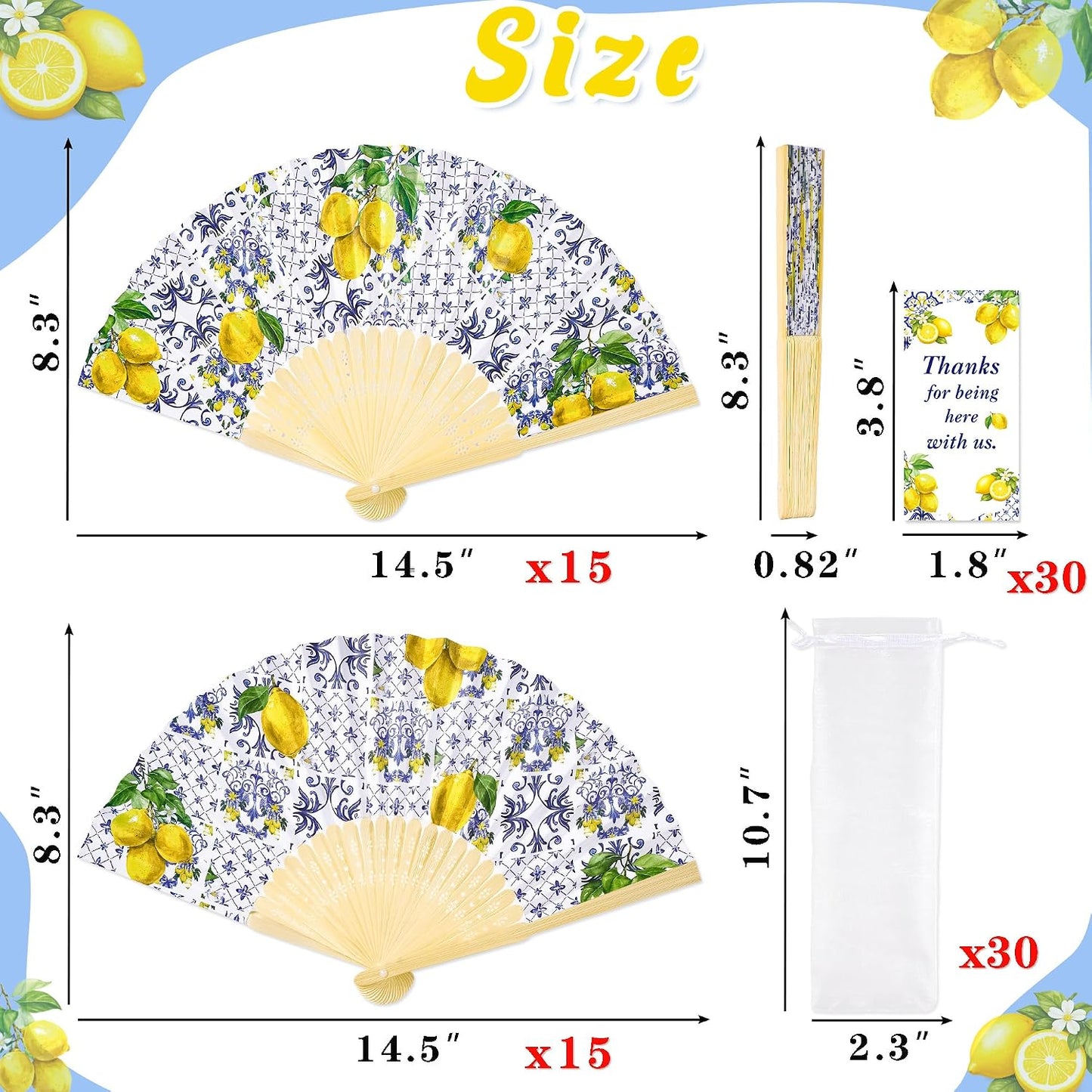 15Pcs Lemon Paper Fans Wedding Favors Set | Folding Handheld Fans with Bags and Cards for Wedding Guest Bridal Shower Mediterranean Amalfi Italian Summer Decor Supplies