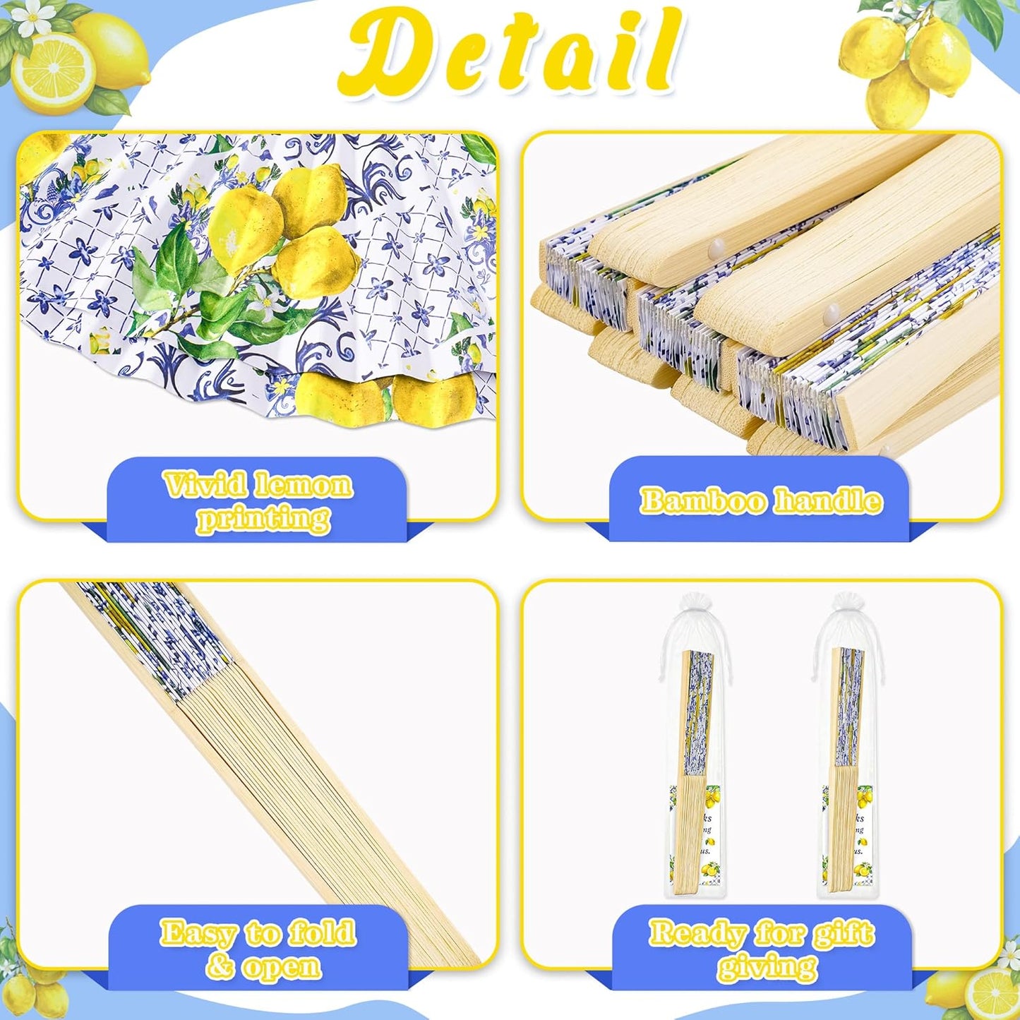 15Pcs Lemon Paper Fans Wedding Favors Set | Folding Handheld Fans with Bags and Cards for Wedding Guest Bridal Shower Mediterranean Amalfi Italian Summer Decor Supplies