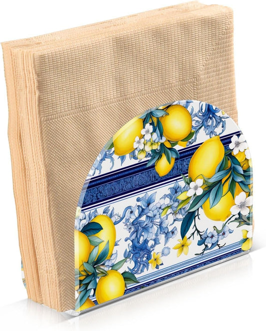 Lemon White Flowers Blue Clear Acrylic Napkin Holders for Tables Standing Napkin Dispenser for Kitchen Dining Table Tissue Box Dispenser for Dinner Restaurant Home Countertop Outdoor