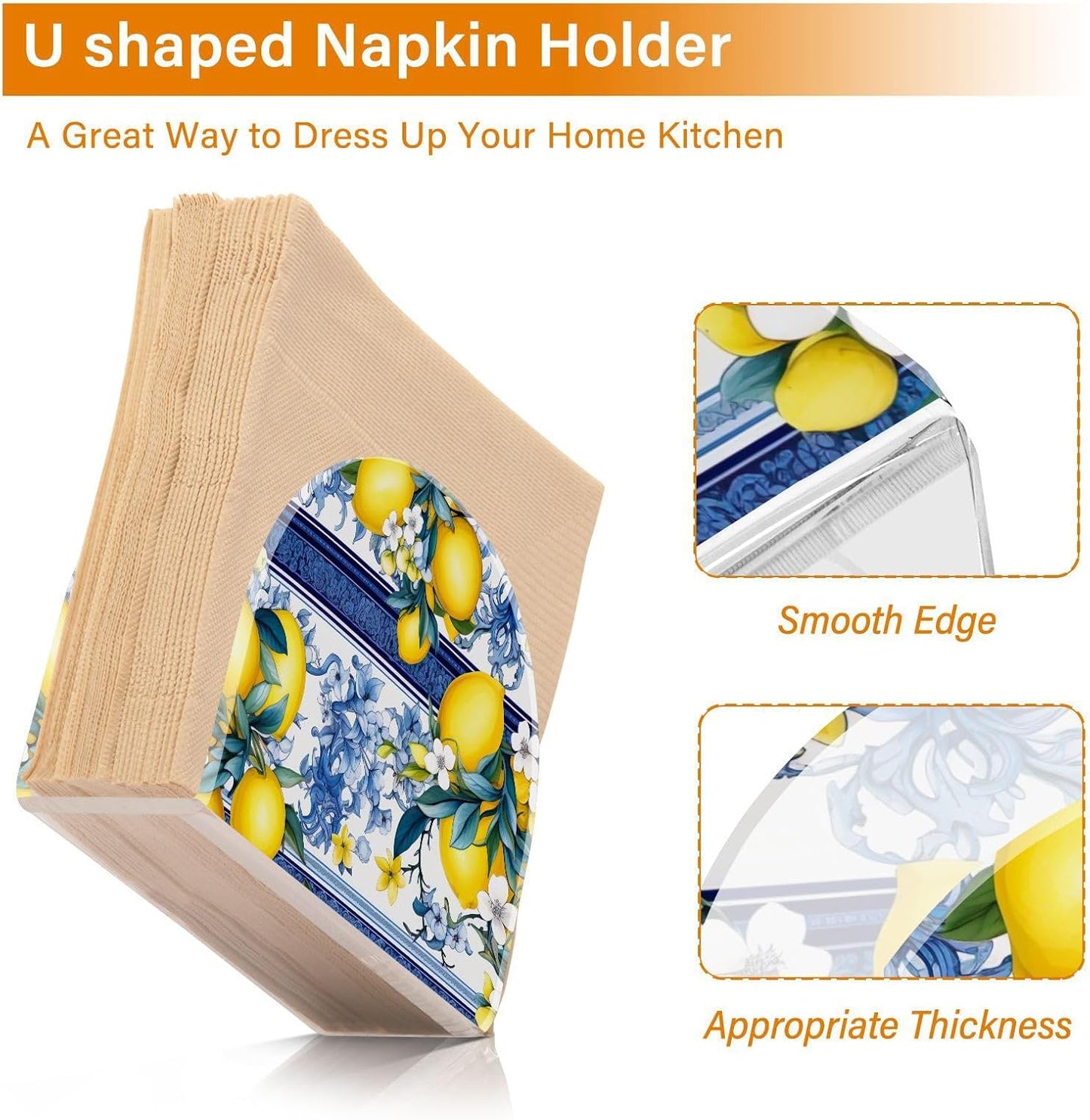 Lemon White Flowers Blue Clear Acrylic Napkin Holders for Tables Standing Napkin Dispenser for Kitchen Dining Table Tissue Box Dispenser for Dinner Restaurant Home Countertop Outdoor