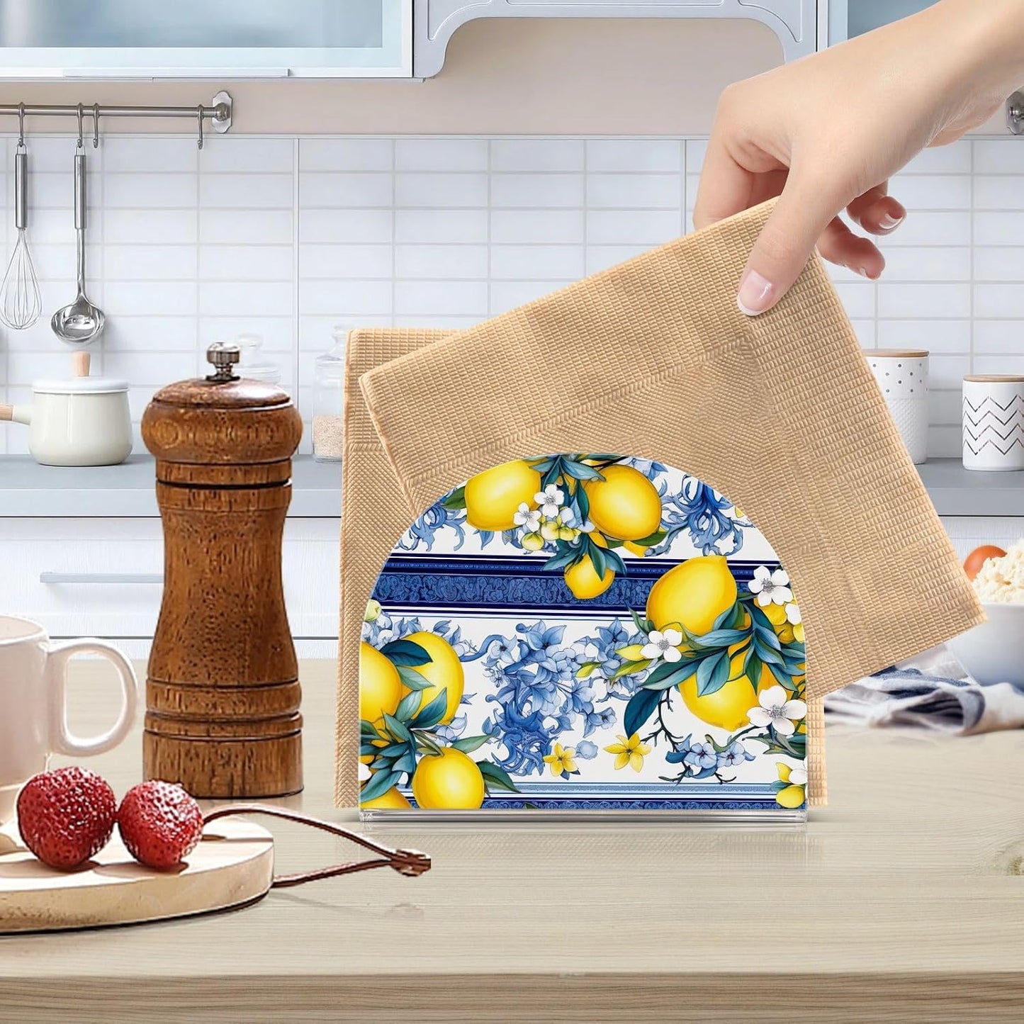 Lemon White Flowers Blue Clear Acrylic Napkin Holders for Tables Standing Napkin Dispenser for Kitchen Dining Table Tissue Box Dispenser for Dinner Restaurant Home Countertop Outdoor