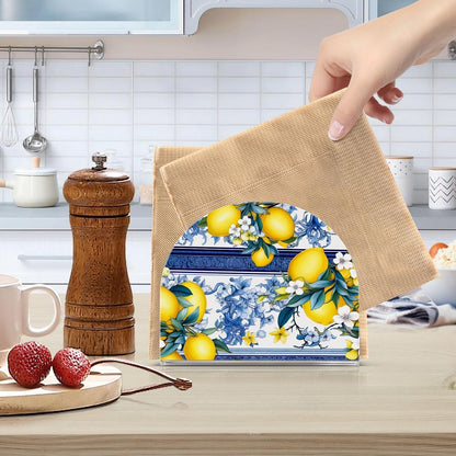 Lemon White Flowers Blue Clear Acrylic Napkin Holders for Tables Standing Napkin Dispenser for Kitchen Dining Table Tissue Box Dispenser for Dinner Restaurant Home Countertop Outdoor