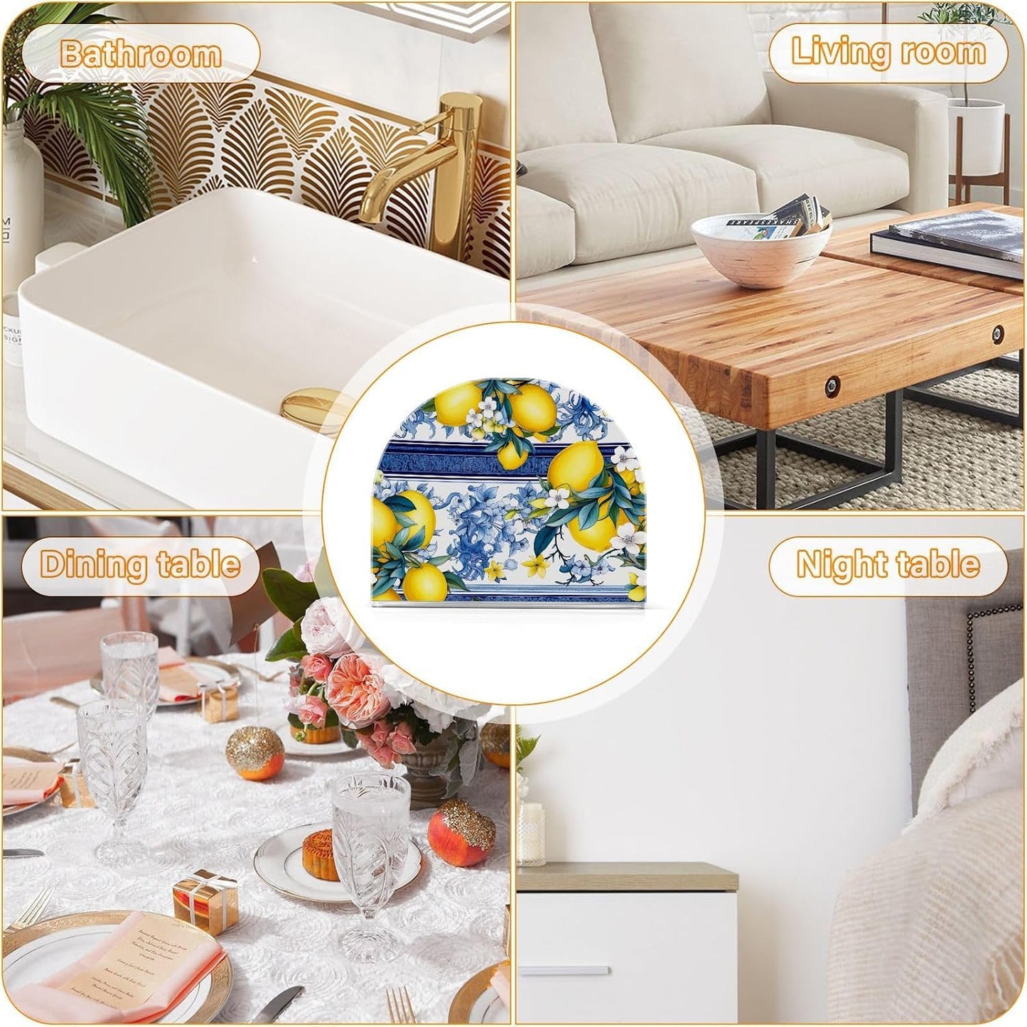 Lemon White Flowers Blue Clear Acrylic Napkin Holders for Tables Standing Napkin Dispenser for Kitchen Dining Table Tissue Box Dispenser for Dinner Restaurant Home Countertop Outdoor