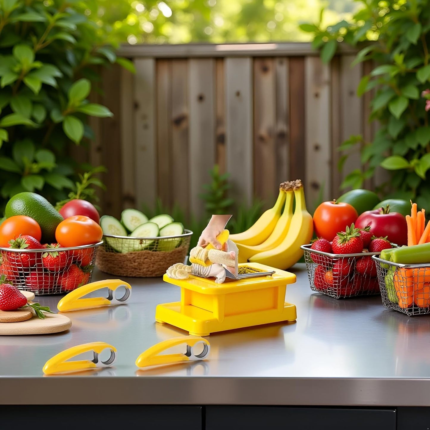 3Pcs Yellow Food Manual Slicer Banana Strawberry Cucumber Carrot Egg Vegetable Fruit Multifunctional Slicer Stainless Steel Food Slicer, Handheld Portable Small Food Slicer Mandolines and Slicers