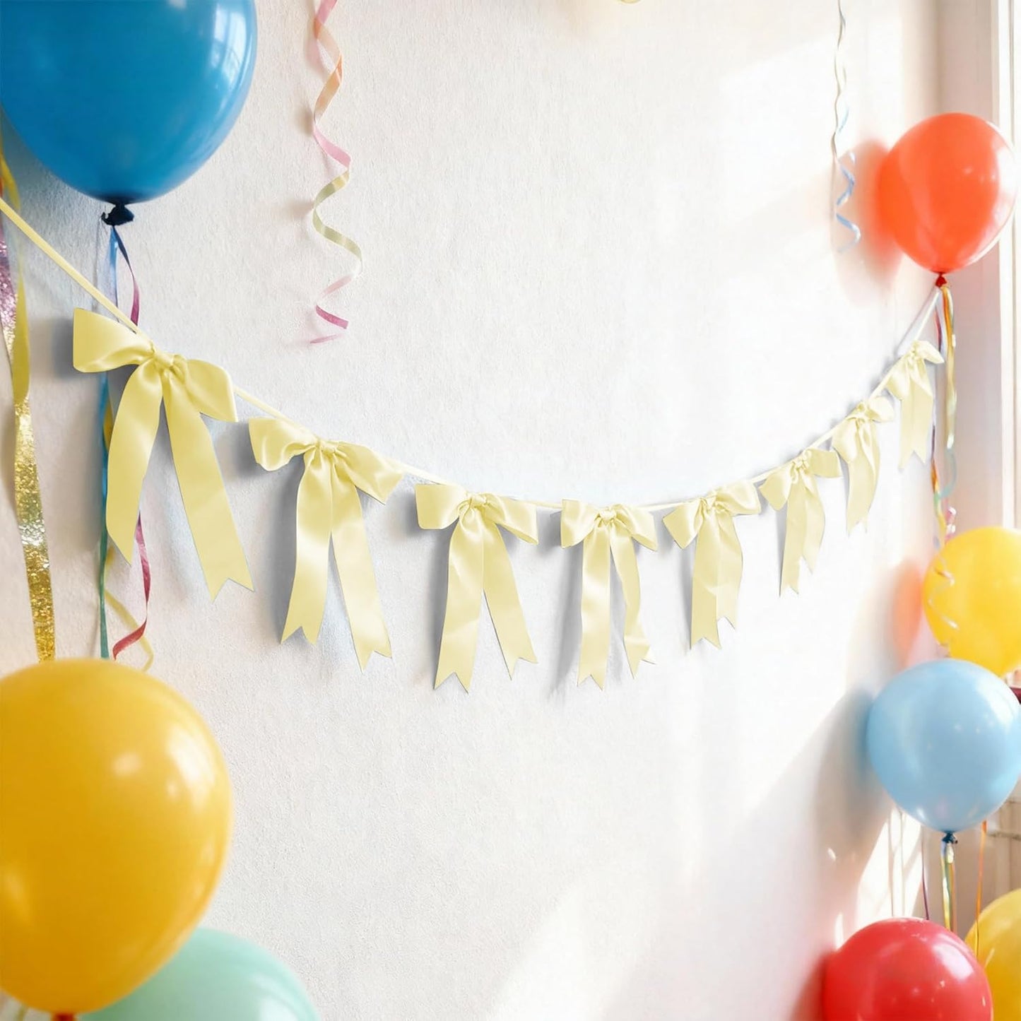 Bow Garland Banner - 10Pcs Pre-Strung Satin Bows for Baby Shower, Birthday, Bridal Shower, Wedding Party Decorations (Yellow)