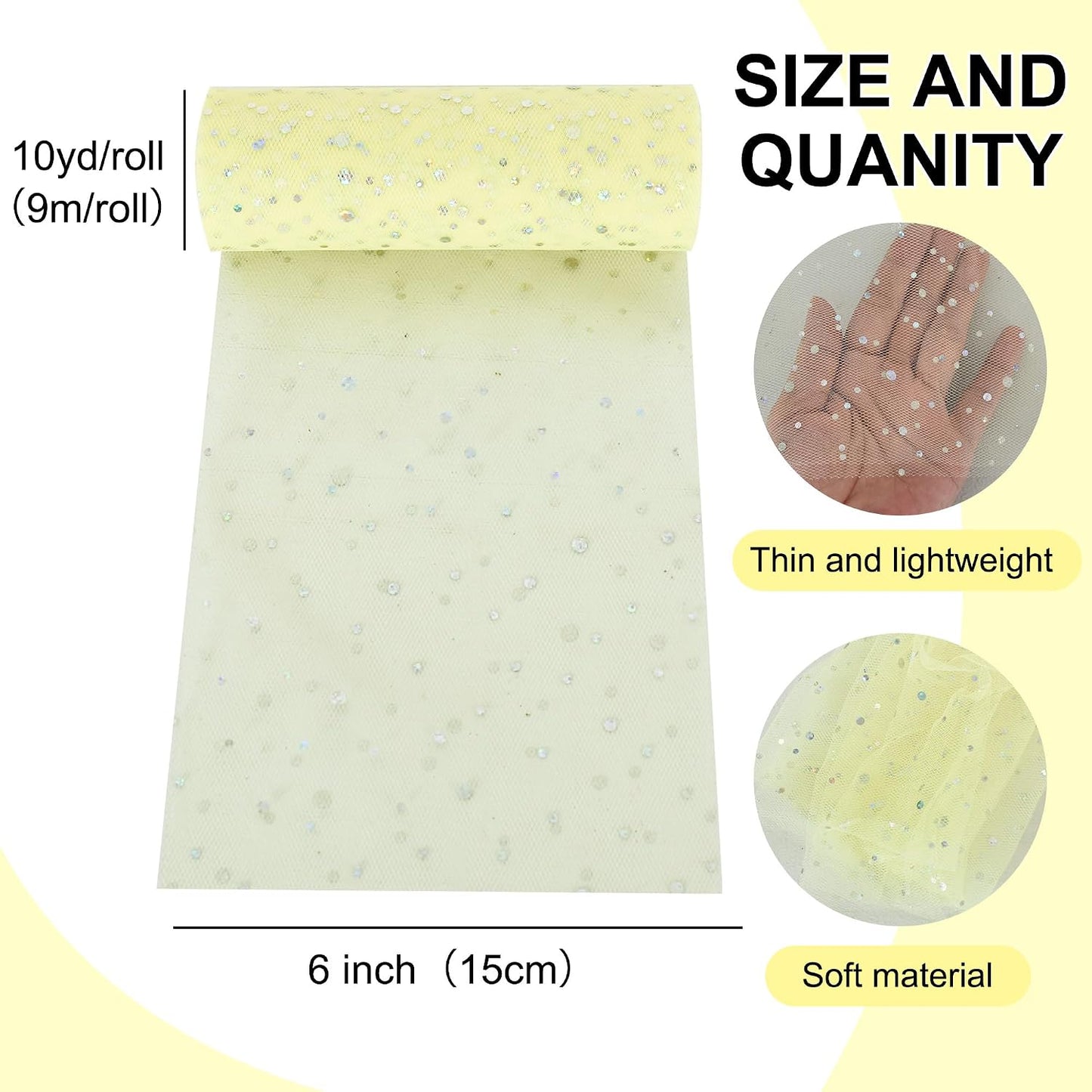 Light Yellow Glitter Tulle Rolls 6 Inch by 10 Yards Sequin Tulle Fabric Ribbon for DIY Tutu Skirt Sewing Bow Decorations Craft Supplies Birthday Wedding Baby Shower Party Decoration