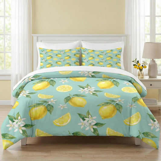 Comforter Set Full Size, Lemon Watercolor Summer 7 Pcs Bedding for Kids and Adults, Citrus Floral Bed Sheet Sets with Fitted Sheet 2 Pillowcases & 2 Shams for Bedroom Bed Decor