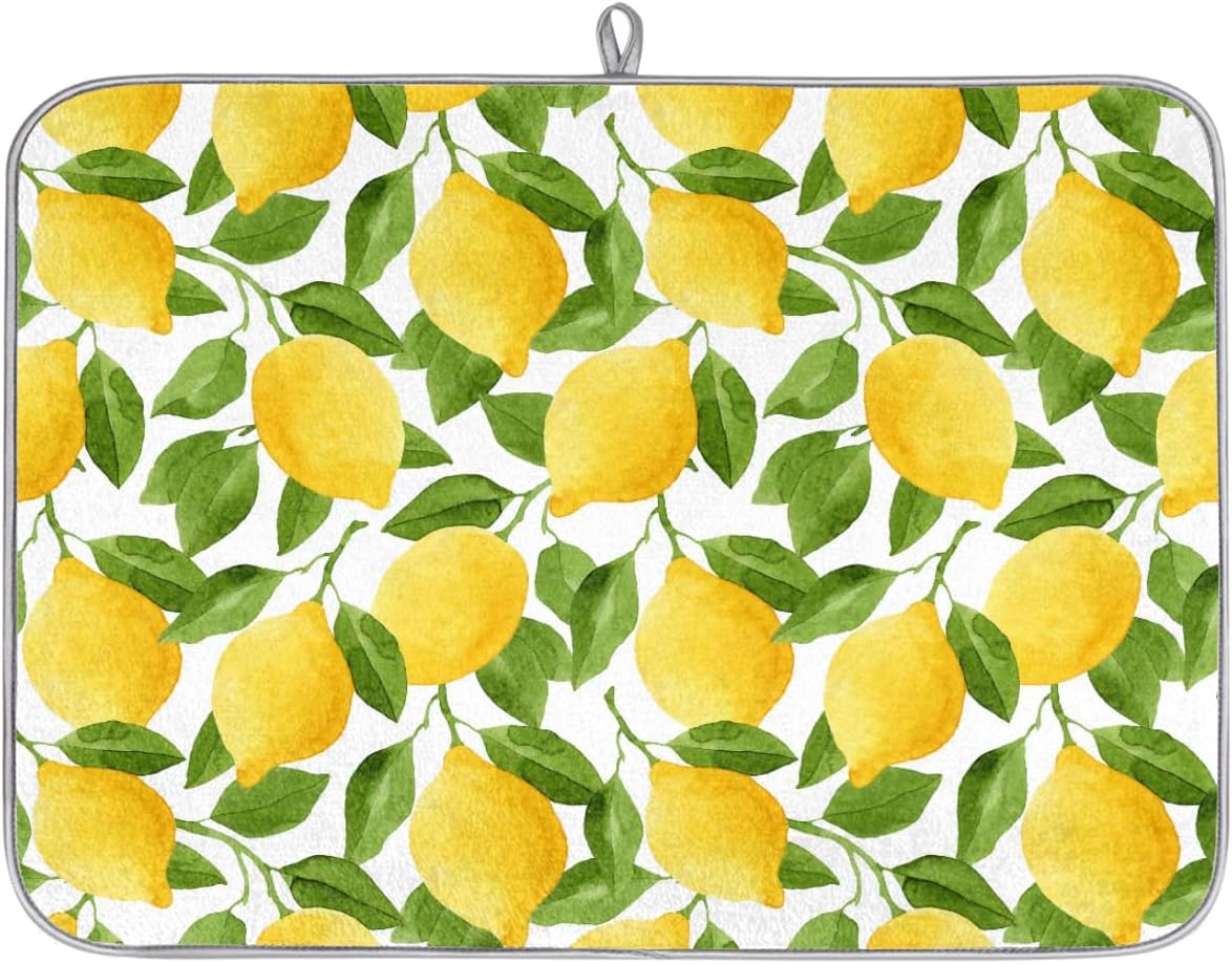 Watercolor Lemon Dish Drying Mat, Cute Drying Mat Absorbent Reversible Washable Dish Drainer Mats Heat Resistant Dish Drying Pad for Kitchen Counter, 18x24inch