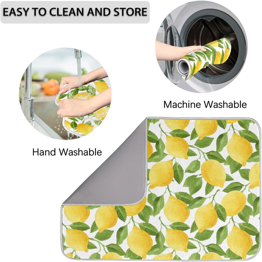 Watercolor Lemon Dish Drying Mat, Cute Drying Mat Absorbent Reversible Washable Dish Drainer Mats Heat Resistant Dish Drying Pad for Kitchen Counter, 18x24inch