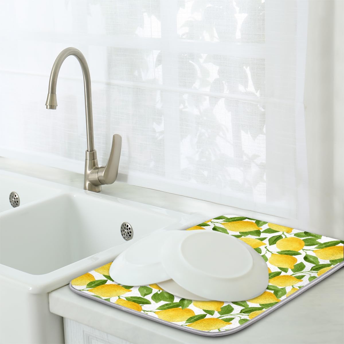 Watercolor Lemon Dish Drying Mat, Cute Drying Mat Absorbent Reversible Washable Dish Drainer Mats Heat Resistant Dish Drying Pad for Kitchen Counter, 18x24inch