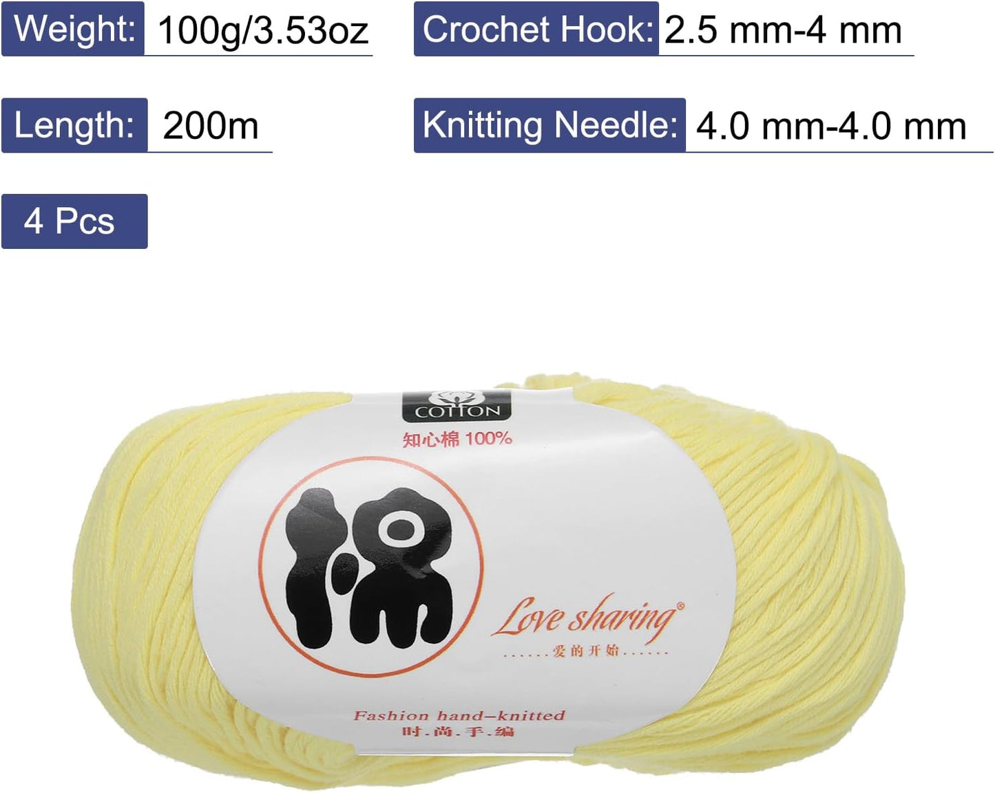 Cotton Yarn,100% Cotton Soft Knitting Yarn [for Hand DIY Bag Cushion Crocheting Knitting Projects Home Decor], -4 Skeins/4×218yards/4×4.54oz/Light Yellow