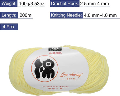 Cotton Yarn,100% Cotton Soft Knitting Yarn [for Hand DIY Bag Cushion Crocheting Knitting Projects Home Decor], -4 Skeins/4×218yards/4×4.54oz/Light Yellow