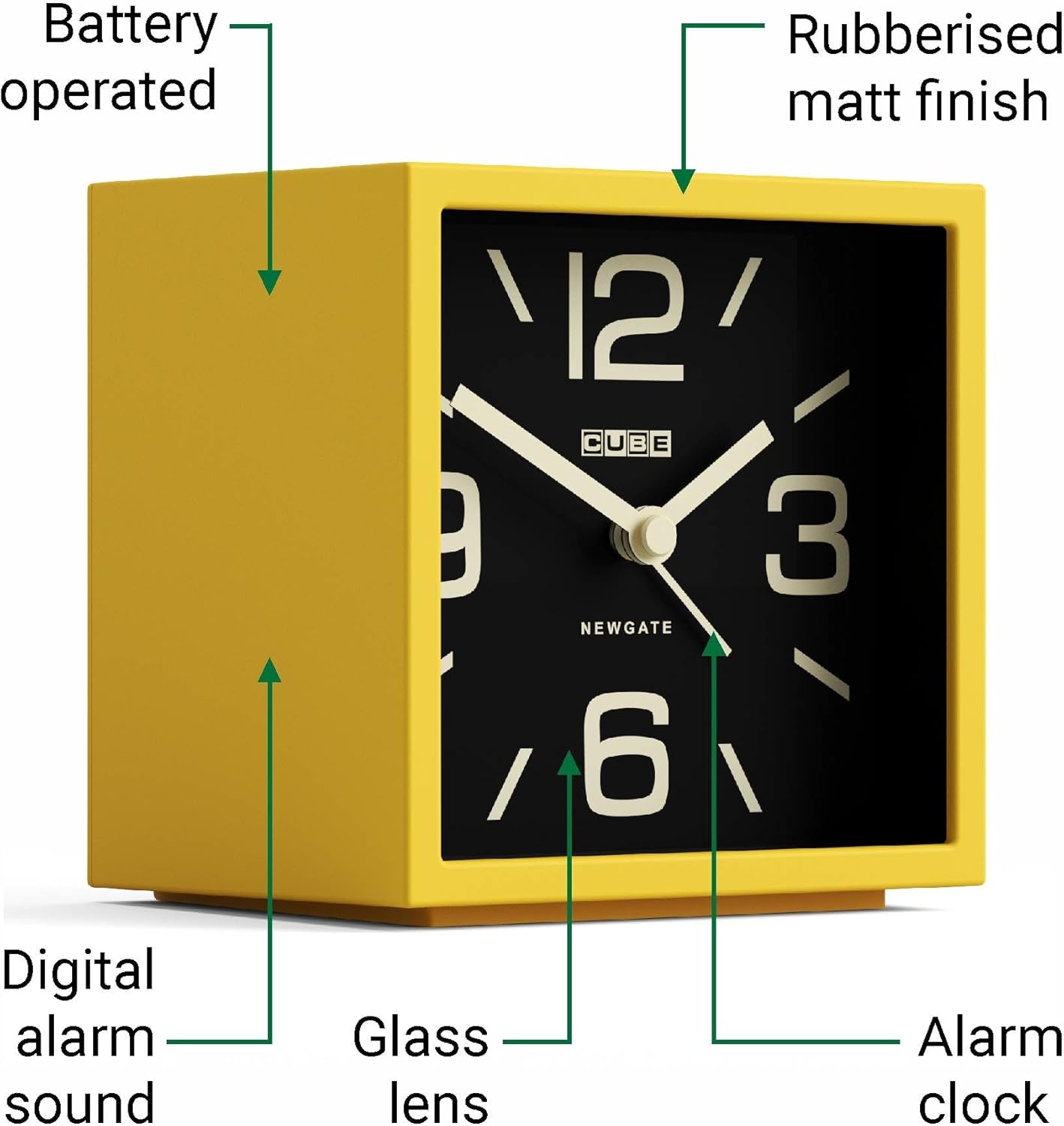 ® Cube Alarm Clock | Design-led Cube Shaped Retro Alarm | Citrus Yellow | Ideal for Bedside, Desk, Shelf & Mantel | Mid-Century Retro Bedroom & Office Accessory