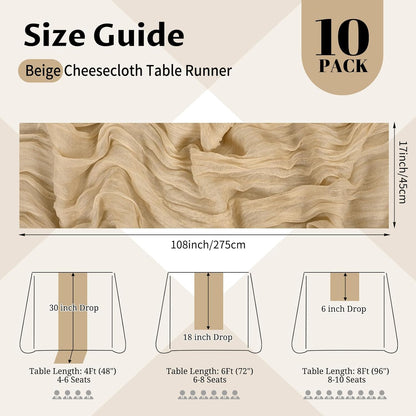 10 Pack Light Yellow Cheesecloth Table Runner 17x108 Inch Semi Sheer Boho Gauze Cheese Cloth Table Runners, for Wedding Bridal Shower Birthday Party Home Decor Garden Farmhouse