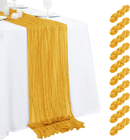 10 Pack Light Yellow Cheesecloth Table Runner 17x108 Inch Semi Sheer Boho Gauze Cheese Cloth Table Runners, for Wedding Bridal Shower Birthday Party Home Decor Garden Farmhouse