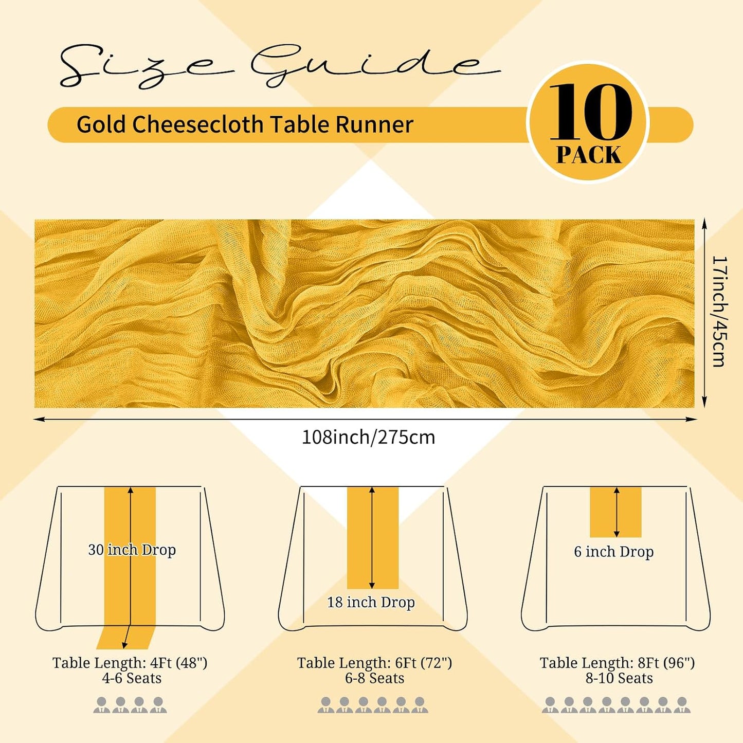 10 Pack Light Yellow Cheesecloth Table Runner 17x108 Inch Semi Sheer Boho Gauze Cheese Cloth Table Runners, for Wedding Bridal Shower Birthday Party Home Decor Garden Farmhouse