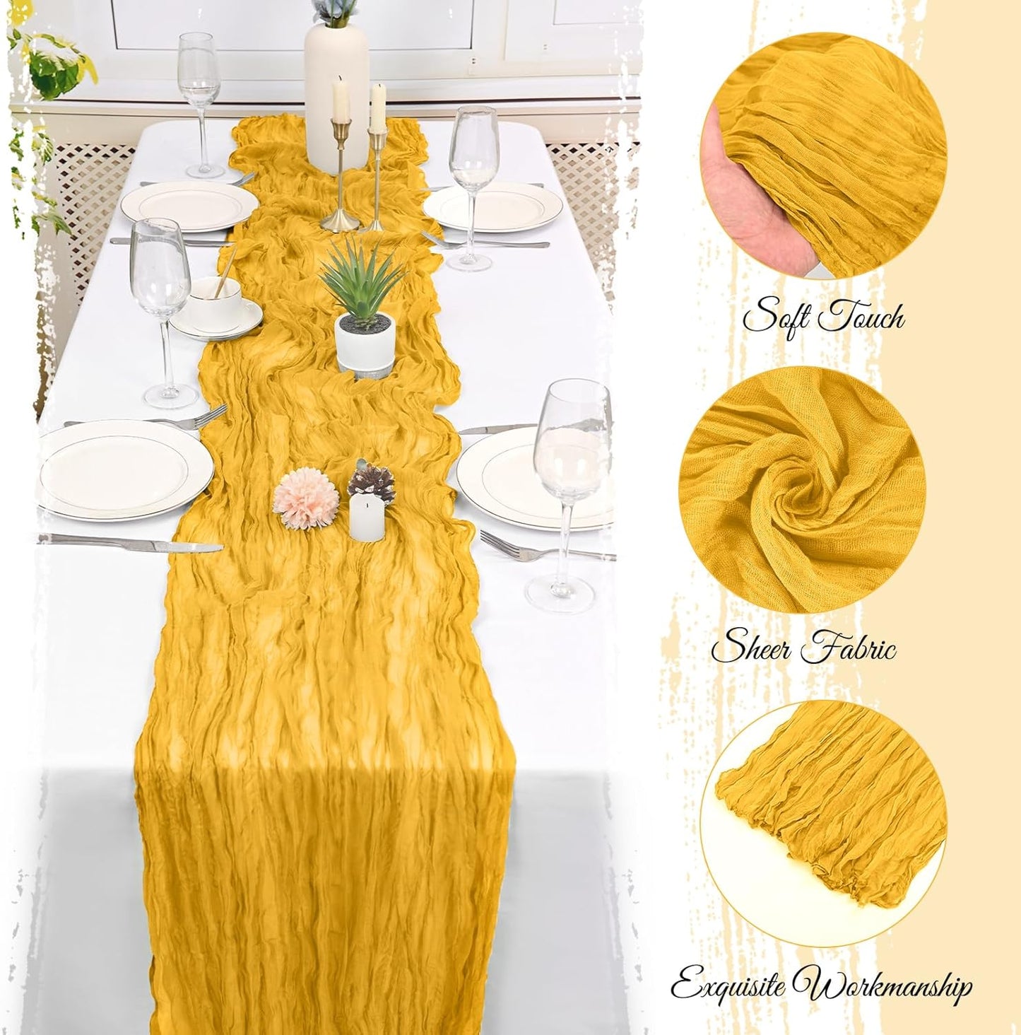 10 Pack Light Yellow Cheesecloth Table Runner 17x108 Inch Semi Sheer Boho Gauze Cheese Cloth Table Runners, for Wedding Bridal Shower Birthday Party Home Decor Garden Farmhouse