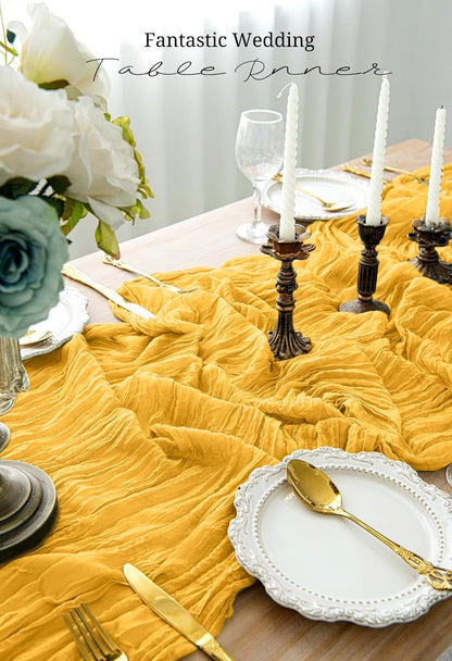 10 Pack Light Yellow Cheesecloth Table Runner 17x108 Inch Semi Sheer Boho Gauze Cheese Cloth Table Runners, for Wedding Bridal Shower Birthday Party Home Decor Garden Farmhouse