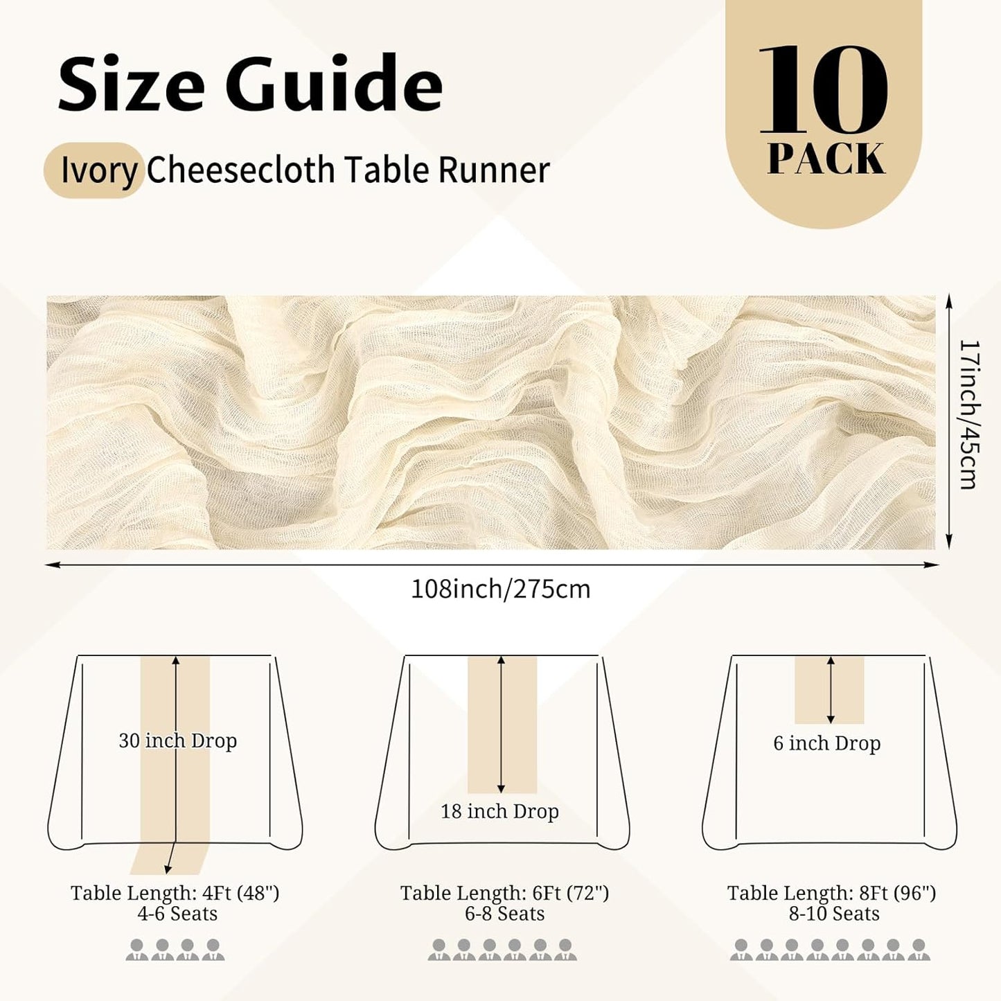 10 Pack Light Yellow Cheesecloth Table Runner 17x108 Inch Semi Sheer Boho Gauze Cheese Cloth Table Runners, for Wedding Bridal Shower Birthday Party Home Decor Garden Farmhouse
