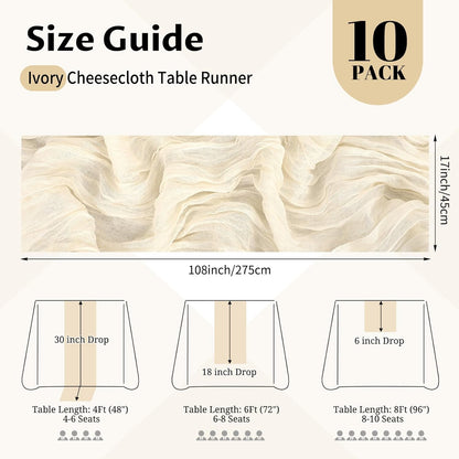 10 Pack Light Yellow Cheesecloth Table Runner 17x108 Inch Semi Sheer Boho Gauze Cheese Cloth Table Runners, for Wedding Bridal Shower Birthday Party Home Decor Garden Farmhouse